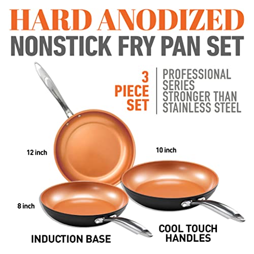 Gotham Steel PRO 3 Pc Hard Anodized Ceramic Frying Pans Set, 8” 10” 12” Nonstick Frying Pans Skillet with Non Toxic Ceramic & Titanium Coating, Induction Ready, Oven and Dishwasher Safe - Copper