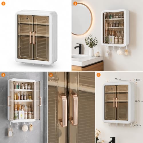 Image of KINHA Wall Mounted Storage Cabinet for Kitchen & Bathroom - Multipurpose Plastic Wall Shelf Organizer with Doors, Space Saving Hanging for Bathroom Accessories, Kitchen Storage Rack