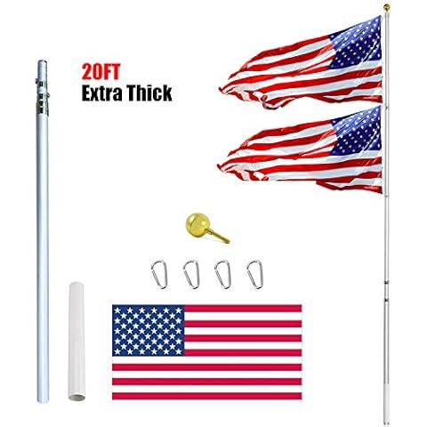 Heavty Extra Thick 20FT Telescoping Flag Pole Kit, Aluminum Telescopic Flagpole Set with 3'x5' US American Flag & Golden Ball Topper for Commercial or Residential, Can Fly 2 Flags, Silver Cover