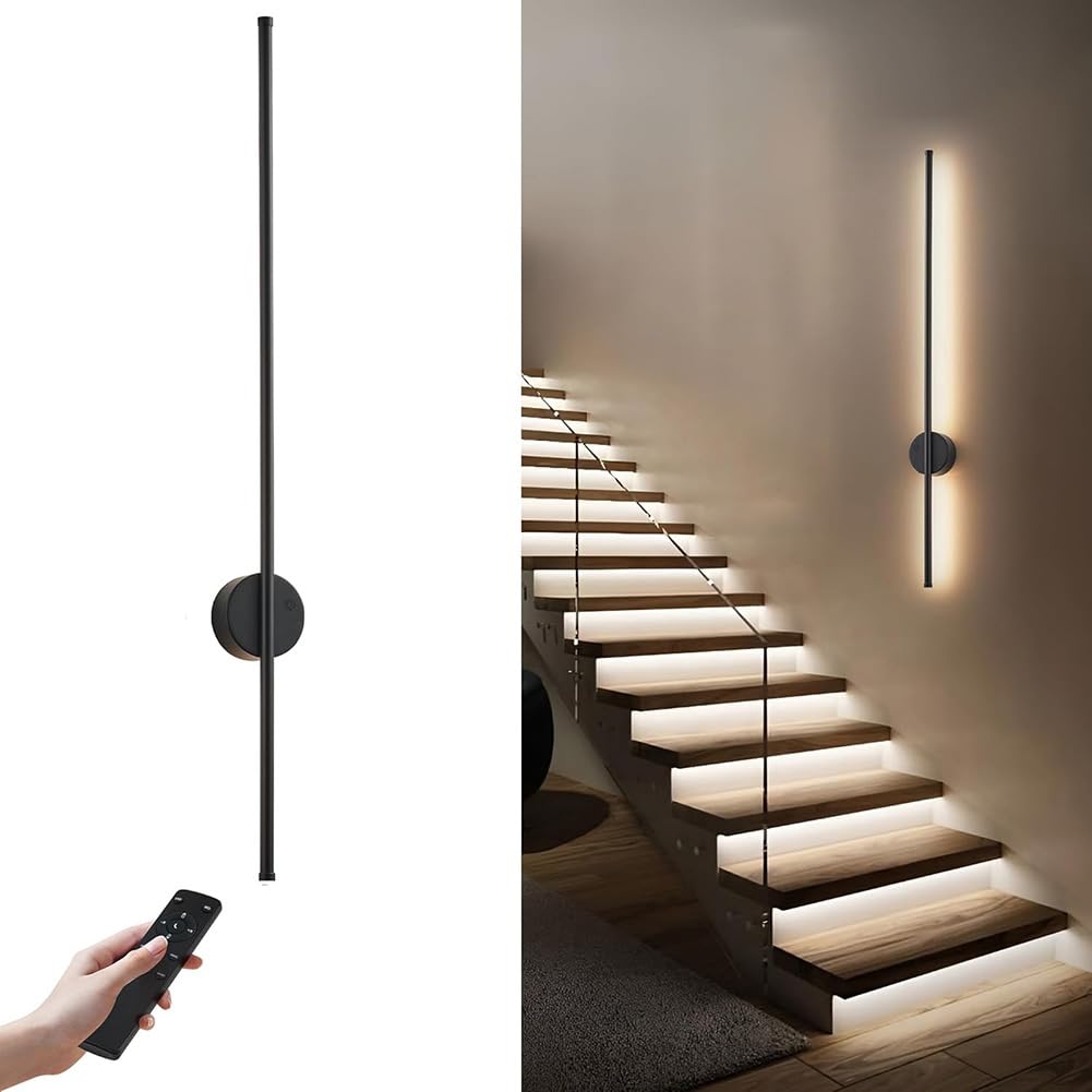 Logt Black Motion Sensor Battery Operated Wall Sconce Modern Rechargeable Wireless Wall Lights With Remote Control, Dimmable, 3000K/4000K/6000K, Timer For Living Room, Hallway,,100Cm