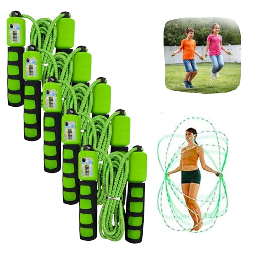5 cuerdas de saltar verdes con contador ajustable de velocidad de 2,7 m, asas de espuma EVA, para niños y adultos, fitness, entrenamiento cardiovascular, gimnasio en casa, entrenamiento