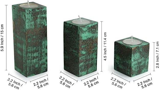 Miniatura 6 de Golden HANDICRAFTS - Portavelas de madera con acabado antiguo para decoración del hogar, portavelas pintado a mano con bloques de verde azulado