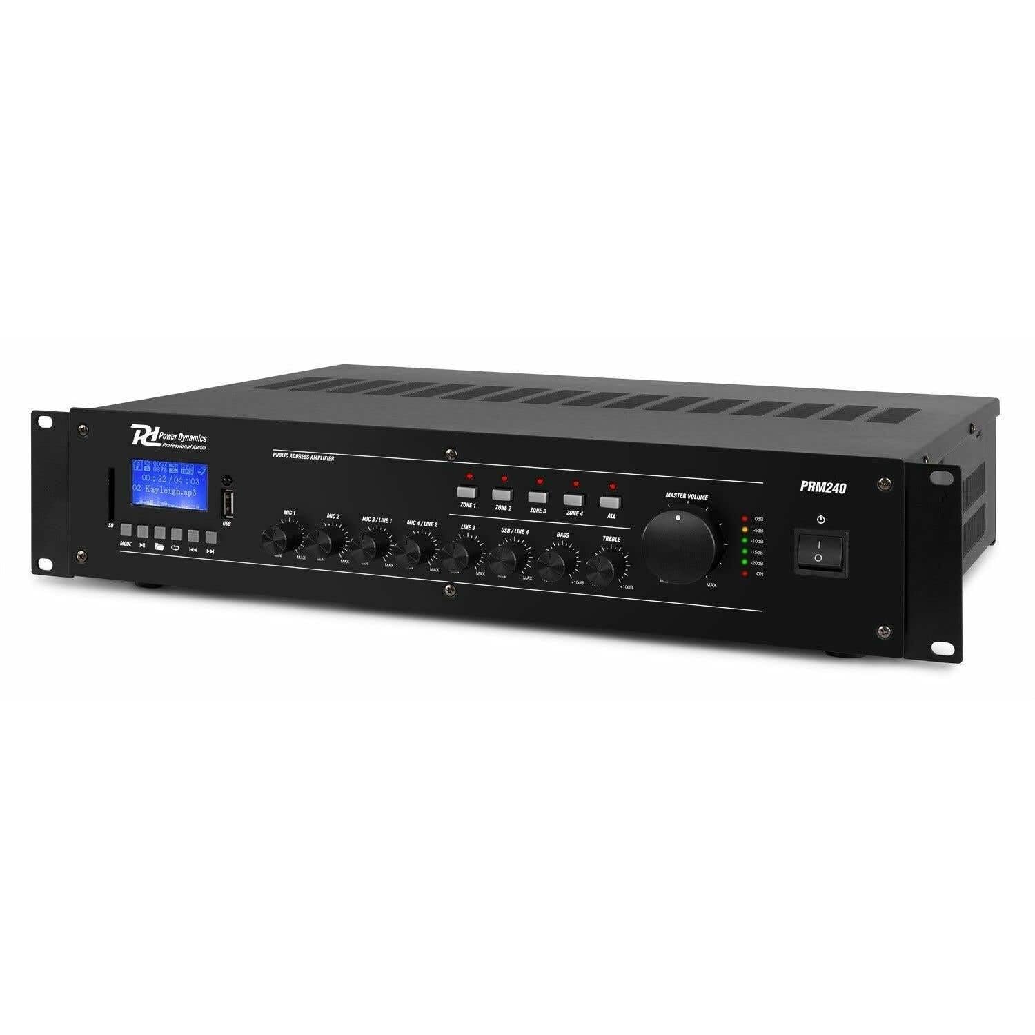 Versterker 100V - Power Dynamics PRM240 100V versterker met Bluetooth en mp3 speler - 240W