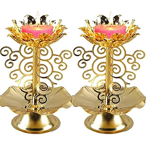 2 Pack Diwali Diyas for Pooja Purpose, Brass Lotus Ghee Lamp Holder Indian Diyas for Diwali Oil Lotus Candle Lamp Buddha for Home Cover