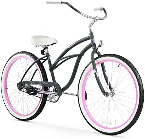Firmstrong Urban Lady Single Speed 26" Beach Cruiser Bicycle, Army Green/Pink Rims w/ White Seat