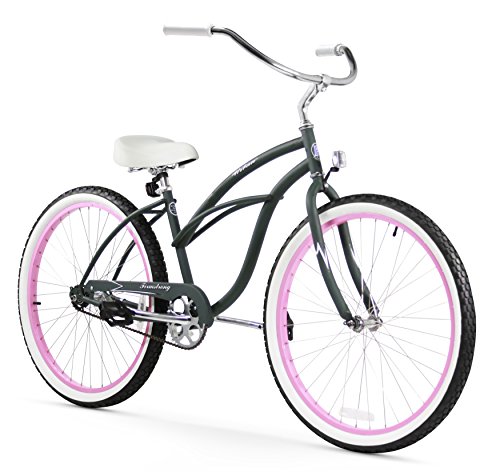 Firmstrong Urban Lady Single Speed 26" Beach Cruiser Bicycle, Army Green/Pink Rims W/ White Seat #TOP4