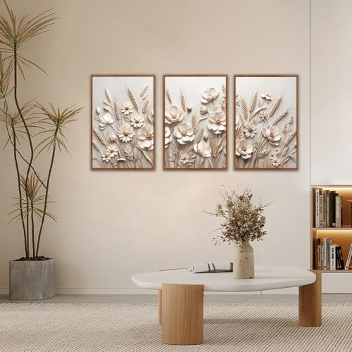 Image of CHDITB 3D Textured Wheat Floral Wall Art,Neutral Beige Farmhouse Wall Decor