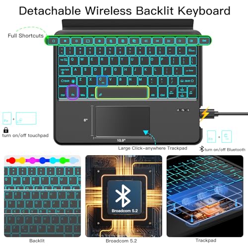 Image of JUQITECH Trackpad Keyboard Case for Samsung Galaxy Tab S10+ 12.4 2024 S9 FE+ S9+ 12.4 Inch 2023, Tablet Protector Case Kickstand Magnetic Detachable Wireless Touchpad 7 Colors Backlit Keyboard