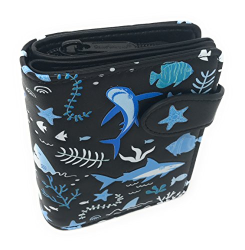 Shag Wear Shark Pattern Small Wallet for Women and Teen Girls Vegan Faux Leather Black 4.5
