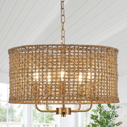 YOMECOO Hand-Woven Rattan Chandelier Vintage Farmhouse Boho Bamboo Golden Chandelier Light Fixture Retro 5-Lights Drum Wicker Gold Chandeliers for Dining Room, Kitchen Island, Living Room, Entryway