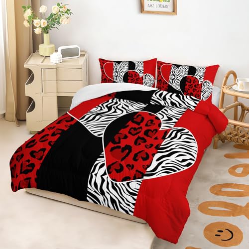 Image of AILONEN Couple Lover Comforter Set Queen Size,Black White Red Romantic Hearts Printed Bedding Set 3 Piece,Modern Bedroom Decor Soft Comforter with 2 Pillowcases