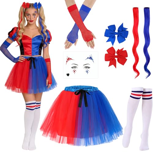 6 peças disfarce arlequin mulher, pinça de extensões de cabelo arlequin tatuagem Joker luvas meias altas saia tutu, Clown costume disfarce palhaço mulher Halloween carnaval mascarada festa de cosplay