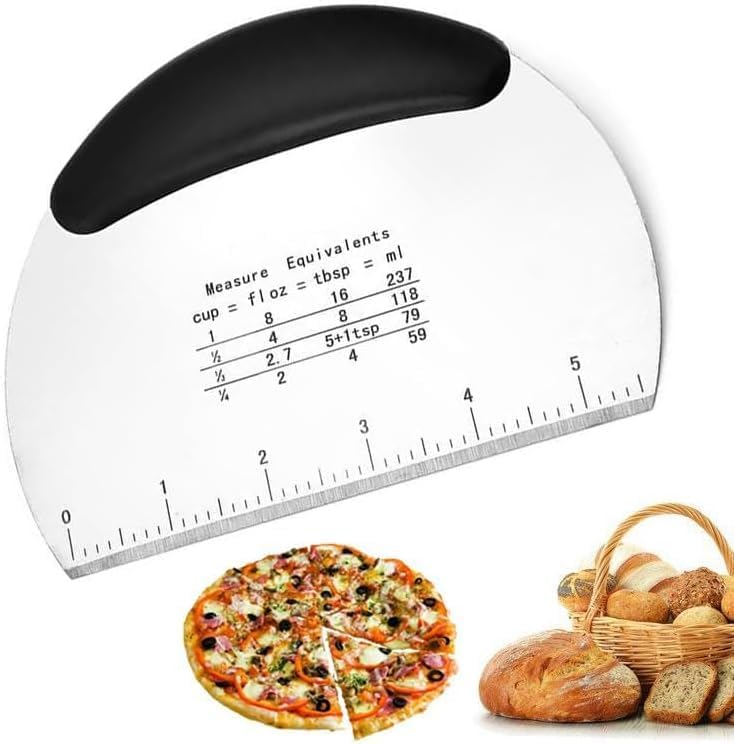 Image of Dough Cutter with Measurement Guide, Stainless Steel Bench Scraper with Ergonomic Handle, 6.4 x 4.6 Inches, Stainless Steel Dough Pastry Scraper Cutter Chopper Pizza Cutter (Black)