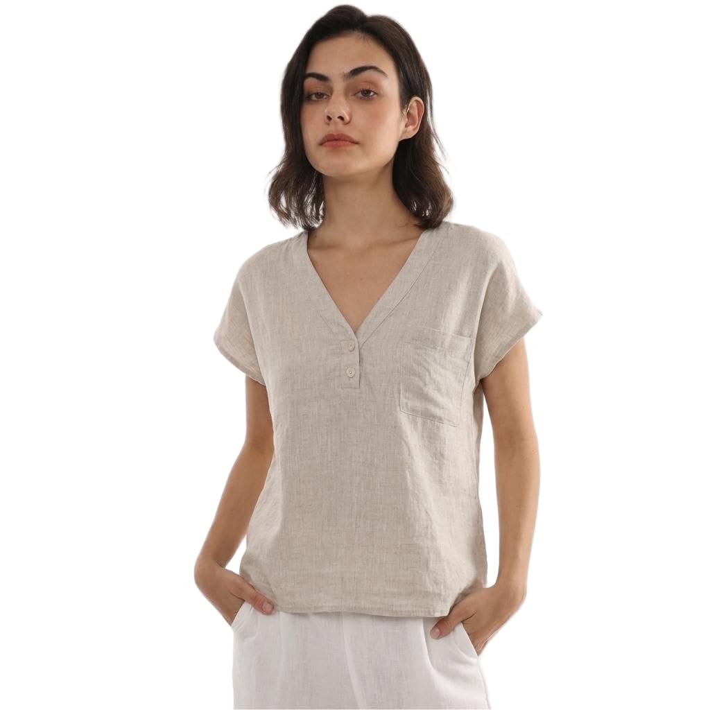 Amazhiyu Damen-Oberteil, 100 % Leinen, lässig, Sommer, V-Ausschnitt, ärmellos, Leinenblusen für UK S-XL