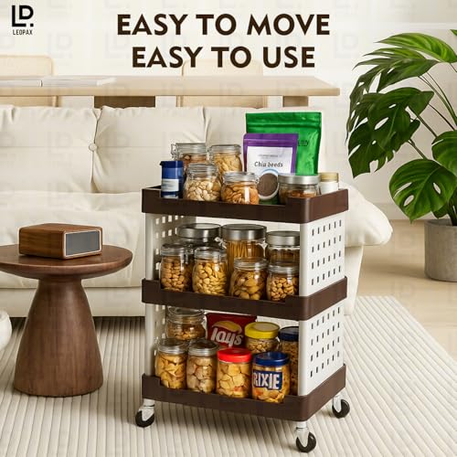 Image of LEOPAX 3 Layers Plastic Rolling Storage Rack | Multipurpose Stackable Storage Rack with Wheels for Kitchen Laundry Room Bathroom Office Home - Brown (50 x 30 x 54cm)