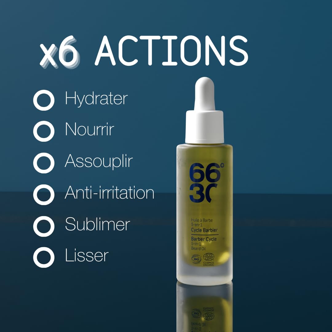 66°30 - Huile à Barbe Bio - 8 Huiles Végétales - Adoucit, Lisse, Hydrate - 5-en-1-30ml