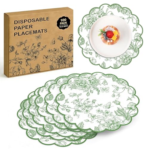 Kochorie Green Floral Paper Placemats 100 Pack Disposable Scalloped Table Mats Green Vintage Flower Paper Place Mat 13.5 x 13.5 Inch for Weddings Bridal Showers Party Dcor