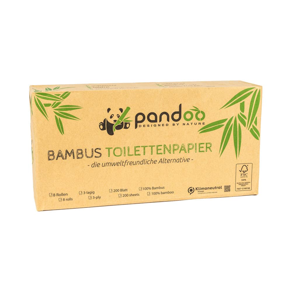 pandoo100% Bamboo Toilet Paper - Dry - Wood-Free Toilet Paper in Plastic-Free Bamboo Packaging 8 Rolls of 200 Sheets - 3 Ply and Cuddly Soft