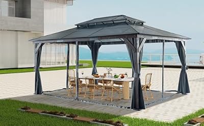 Generic FunMay Cedar Wood Gazebo, 12' x 16', Hardtop, Double Metal Roof, Solid Wooden Frame, Privacy Curtains, Mosquito Nettings, Outdoor Cedar Framed Gazebo, for Garden, Backyard, Gray, W1650S00032