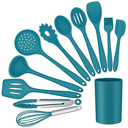 Image of LIANYU 12-Piece Silicone Kitchen Cooking Utensils Set with Holder, Kitchen Tools Include Slotted Spatula Spoon Turner Ladle Tong Whisk, Dishwasher Safe, Dark Blue