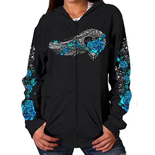 Hot Leathers 24320 Angel Roses Zip-Up Women's Hooded Sweatshirt (Black, X-Large)