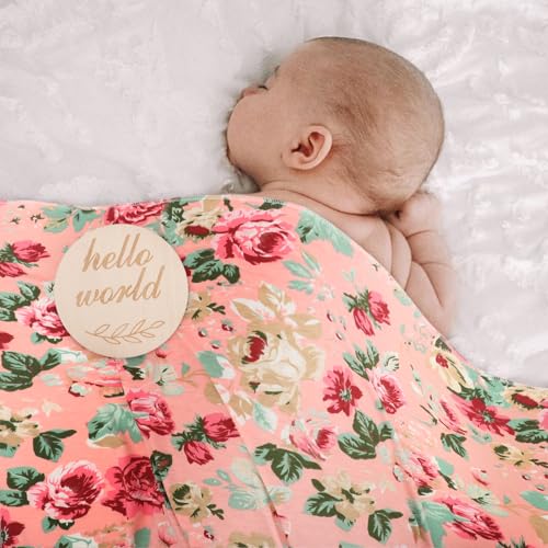 Image of DRESHOW BQUBO Baby Girl Newborn Floral Receiving Blankets with Bow Hat Headband Wooden Birth Announcement Card Set Newborn Baby Swaddling Hats Swaddle Blanket Toddler Warm Shower Gift