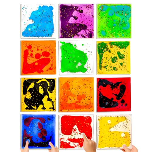 JUEOQOY Squishy Liquid Sensory Tiles for Kids Ages 3+ 6 Colorful Tactile Play Pads for Squeezing Visual Tracking Desk Calm Corner Classroom or Quiet Play (12-Pack)