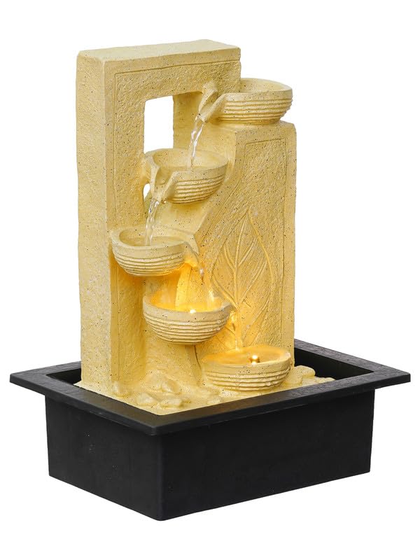 Image of Polyresin Table Top Stylish Leaf Print 4 Diya Steps Indoor Water Fountain for Home Decor with LED Light & Speed Controller Pump (Size: 40 x 29.5 x 22CM | Colour: Cream | Weight: 2250 gram)