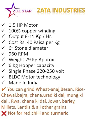 Image of ZOZ STAR Flour Mill Machine, Atta chakki, Domestic Aata Maker,(Extra Load Motor) Ghar Ghanti, Heavy Duty, Power Saving Feature Added Table top with Standard Accessories 1.5 HP Warranty 10 Years R656
