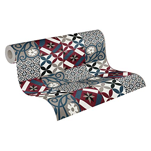 A.S. Création Papier Peint Carrelage New Life Papier peint intissé 10.05 m x 0.53 m Noir Rouge Bleu Fabriqué en Allemagne 376844 37684-4
