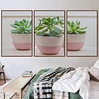 3 Piece Framed Canvas Wall Art Green Succulents in Pot and Colorful Bouquet Canvas Prints Home Artwork Decoration for Living Room,Bedroom - 16