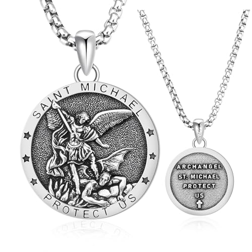 Saint Necklace 925 Sterling Silver St Michael/St Christopher Pendant for Men Women Patron Archangel Necklace Saint Religious Amulet Medal Jewelry with 2.5mm 22