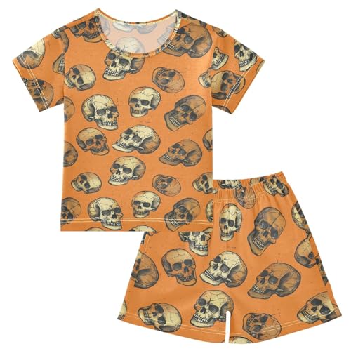 ALAZA Halloween Skulls Retro Pajama Set Short Sleeve Sleepwear Soft Lounge Nightwear