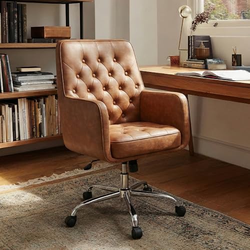 COLAMY Verso Home Desk Chair with Armrest, Leather Swivel Office Chair Adjustment Height with Wheels,Comfortable Padded Seat, Brown