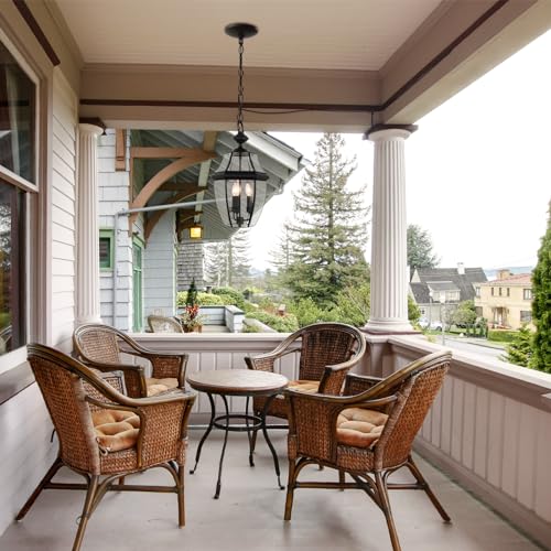 Image of Large Outdoor Pendant Light Fixture 3-Light, 20in Modern Black Outdoor Chandelier Hanging Porch Light, Metal Exterior Ceiling Mount Hanging Lantern with Clear Glass for Front Door, Entrance, Gazebo