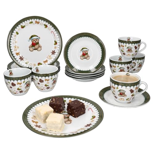 MamboCat Friend 18-tlg. Kaffeeservice für 6 Personen | Weihnachtliches Frühstücks-Set aus Porzellan mit Teddybär, Lebkuchenhaus & Co. | Tassen, Untertassen & Kuchenteller | für Weihnachten
