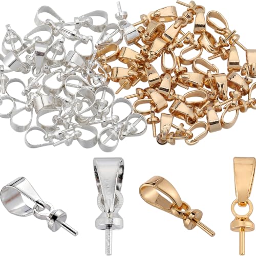 SUNNYCLUE 1 Box 60Pcs Eye Pins Bail Caps Cup Pearl Eye Pin Bail Slider Clasps Pin Peg Half-Drilled Beads Connectors Pendant Holder Golden Silver Brass Cup Pearl Peg Bails for Jewelry Making Clasps