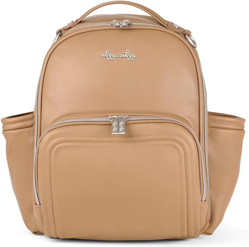 Itzy Ritzy Mini Plus Diaper Bag Backpack – Chic Mini Diaper Bag Backpack with Changing Pad, 10 Total Pockets (6 Internal and 4 External), Grab-Top Handle and Rubber Feet, Chai