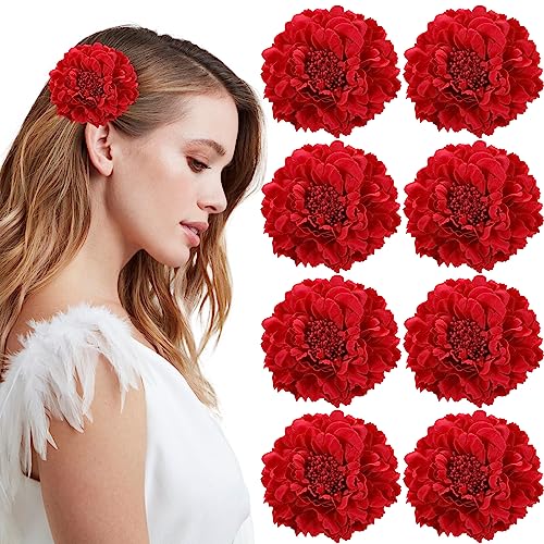 VEGCOO 8Pcs Clips Pelo de Flor, Flor Flamenca Pelo para Mujer, Horquillas de Peonía Rojo Adorno Pelo para la Feria de Abril Sevillana Fiesta Boda