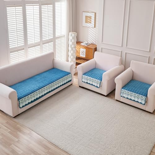 Image of HOKIPO 'BelleLace Series' 5 Seater Sofa Cover Mat in 3+1+1 Configuration | Imperial Milk Velvet with Lace Design | Celadon Blue (AR-5966+5962 * 2-BL)