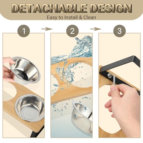 Katzennäpfe Erhöht 3er Set, Katzen Futternapf mit 15°Gekippte Holz Ständer, Upgrade Ergonomischer Futterstation Katze mit Edelstahl Näpfe für Wasser Futter, Hundenapf für Katzen und Kleine Hunde