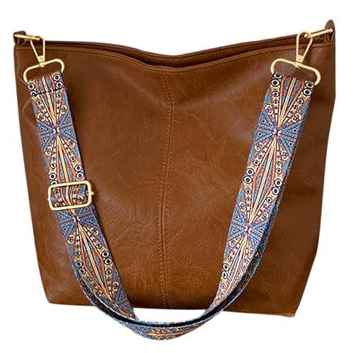 Image of Hobo Crossbody Bags for Women Vegan Leather Crossbody Bag Guitar Strap Purse Shoulder Bucket Bag Boho Tote Handbags Dark Brown
