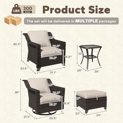 Image of 7 Piece Patio Furniture Set, Wicker Outdoor Conversation Set | Patio Chair Set with Olefin Removable Cushion, All-Weather Glider Swivel Chair Set with Deep Seat for Porch, Deck, Beige