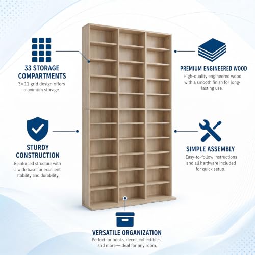 Image of Garvee 11 Tier Tall CD Display Cabinet, 33-Compartment Media Tower, Natural
