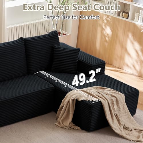 Image of 166.9 inch Cloud Sectional Couch with L-Shape Chaise, Upholstered Corduroy Couches Sleeper with Deep Seat, Modern Modular Comfy Sofa Chaise Longue for Living Room Bedroom, No Assembly Required, Black