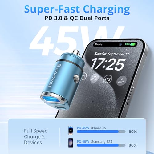 Image of SYNCWIRE 90W Cigarette Lighter USB C & USB Car Adapter [PD 45W & QC 45W] Super Mini Metal Car Charger USBC Quick Charge Compatible with iPhone 15 14 13 12 Pro Max, Google Pixel 7, Samsung, Blue