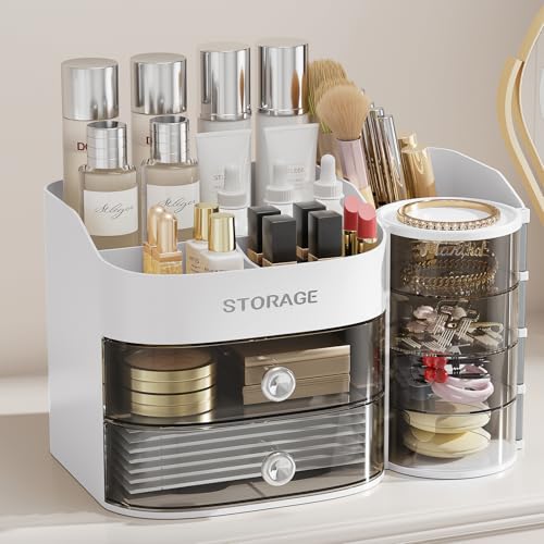 LAMU Makeup Organizer Countertop, Cosmetic Storage for Dresser Bathroom Countertop, Include 4-Tier Rotating Jewelry Box for Brushes, Skincare, Perfume, Office, Earring, Jewelry Organizer, White