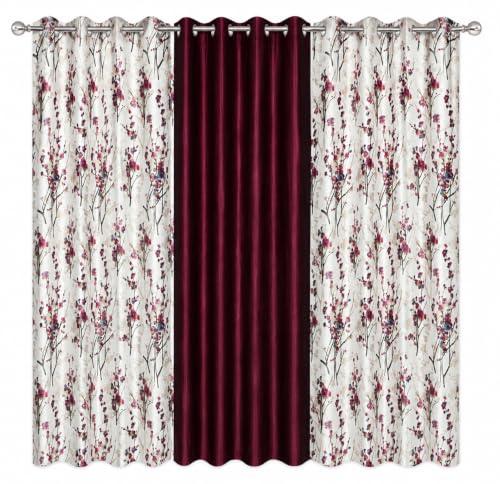 Image of 6 Feet Polyester Floral Light Filtering Window Curtains for Living Room, Bedroom & Dining Room, Eyelet Top, Wine Printed and Solid Plain Curtain Set of 3
