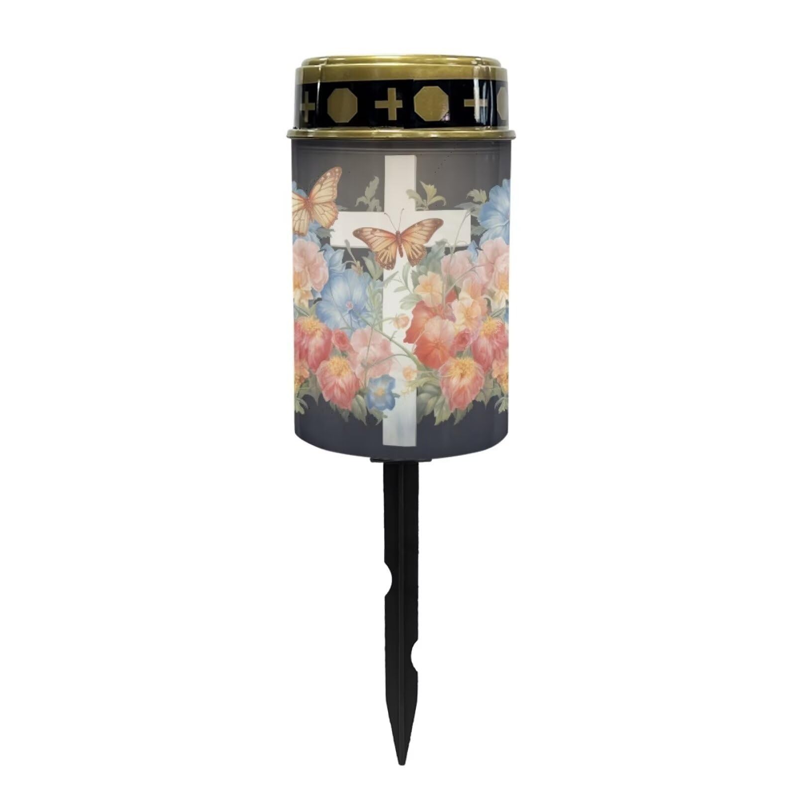 Poceacles Cross Solar Lights Outdoor for Cemetery Grave Decorations, Fake LED Pillar Candles Solar Powered Waterproof Outdoor Stake Lights Grave Markers, Butterfly White Cross Flower