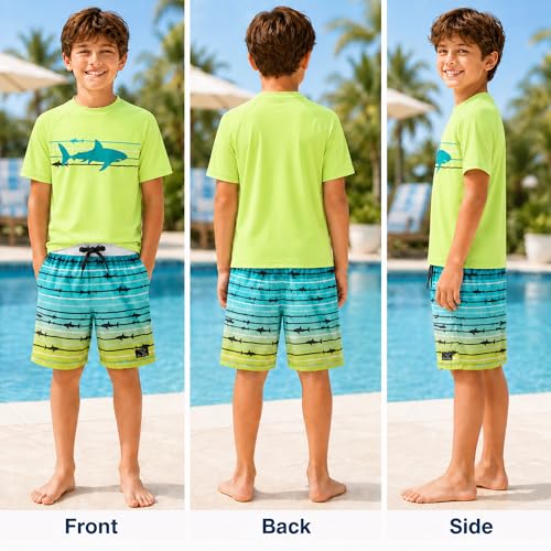 Image of Big Chill Boys Swim Set - 2 Piece Quick Dry UPF 50 Short Sleeve Rash Guard for Boys and Swim Trunks - Swimwear Set for Kids